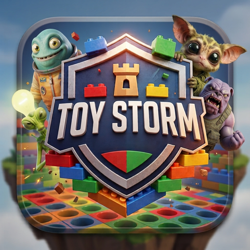 ToyStorm logo - a navy shield surrounded by four toy fighters on a candy-brick arena