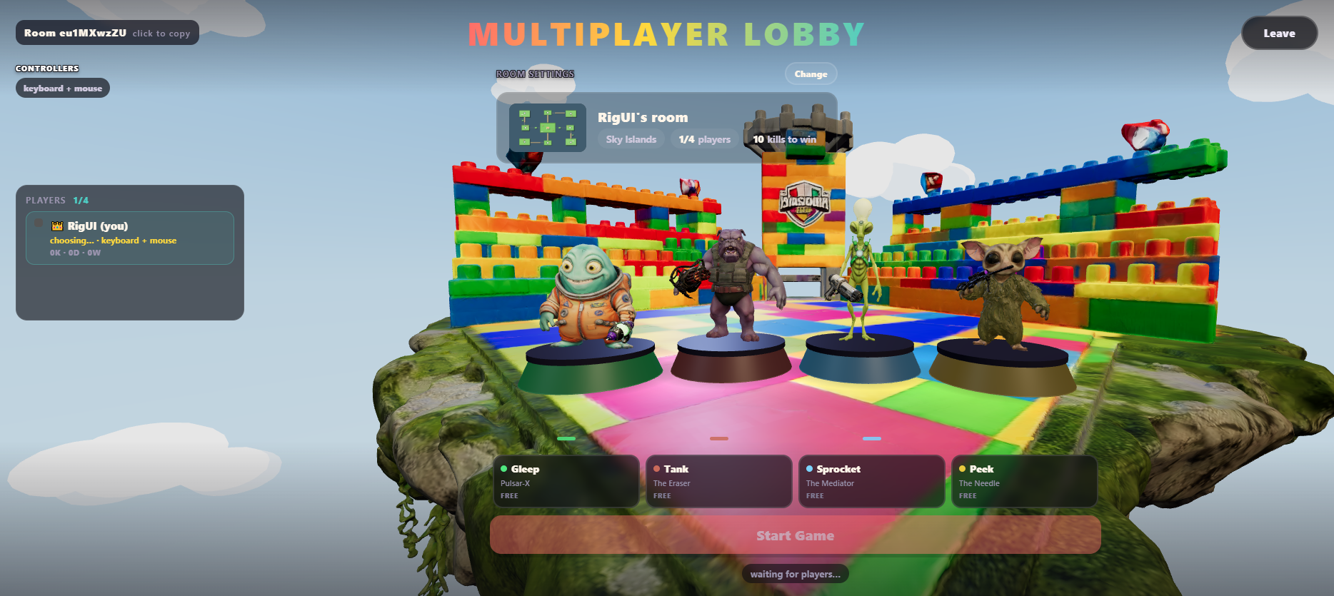 The multiplayer lobby - four toys standing on podiums on a floating candy-brick island